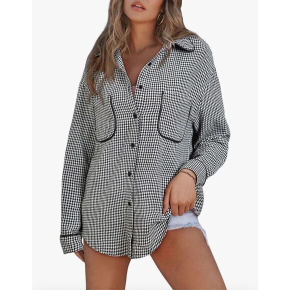 NEW Houndstooth Shacket Jacket Long Sleeve Button Down Shirt M - Picture 1 of 6